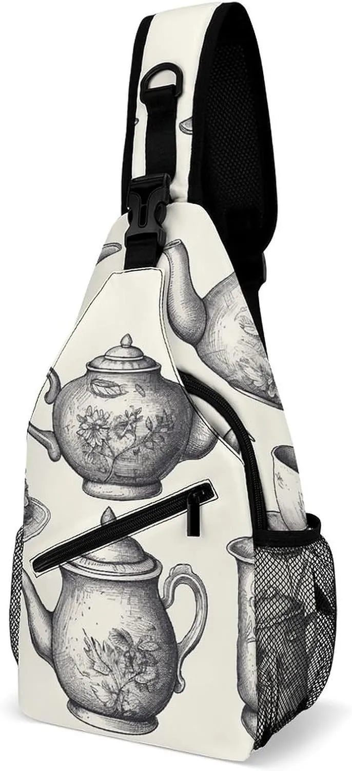 Sling Bags Hand Drawn Teapots Crossbody Bag for Women Men Cross Body Bag for Travel Hiking Shopping