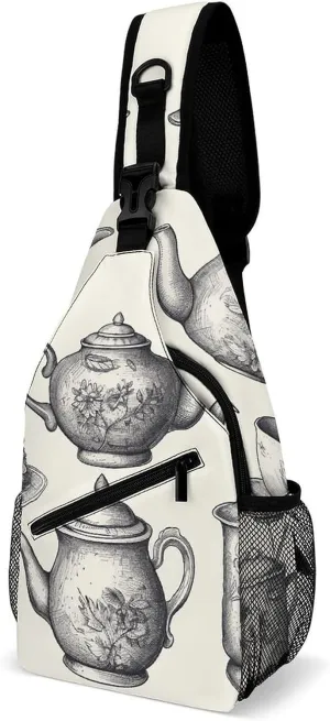 Sling Bags Hand Drawn Teapots Crossbody Bag for Women Men Cross Body Bag for Travel Hiking Shopping