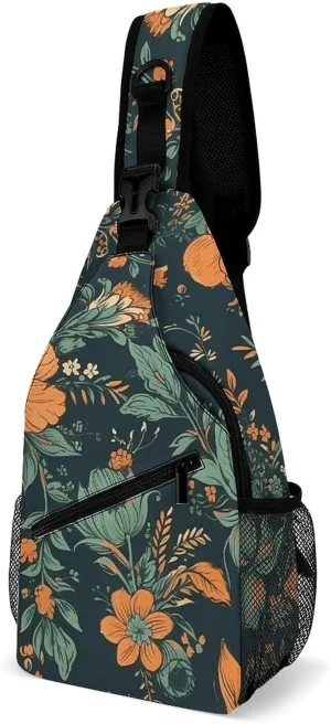 Sling Bags Orange Green Flowers Crossbody Bag for Women Men Cross Body Bag for Travel Hiking Shopping