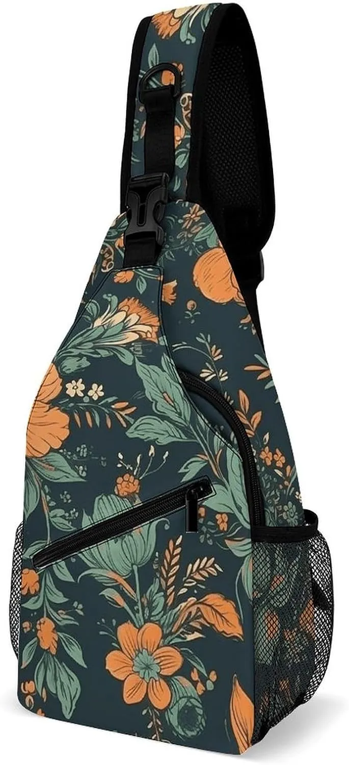 Sling Bags Orange Green Flowers Crossbody Bag for Women Men Cross Body Bag for Travel Hiking Shopping