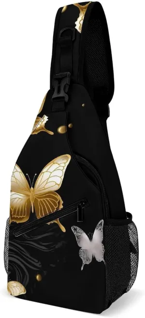 Sling Bags White Butterflies Black Crossbody Bag for Women Men Cross Body Bag for Travel Hiking Shopping