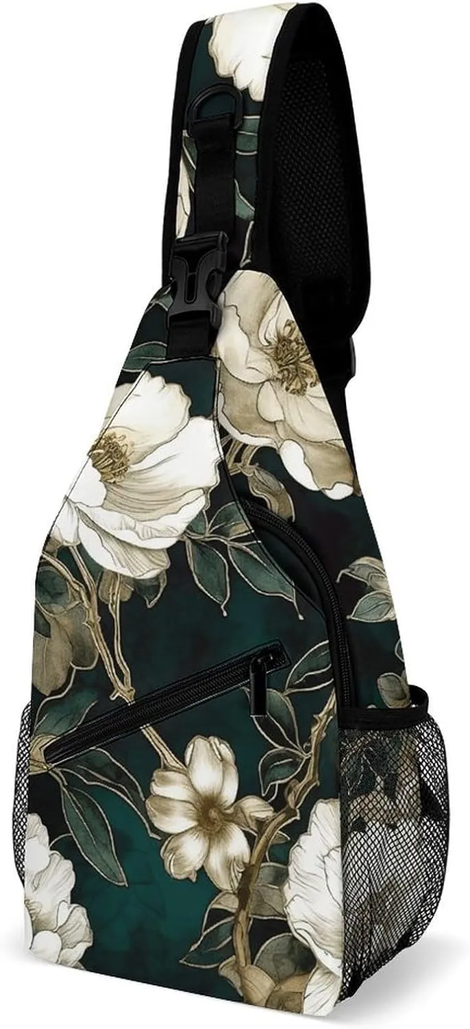 Sling Bags White Flowers Crossbody Bag for Women Men Cross Body Bag for Travel Hiking Shopping
