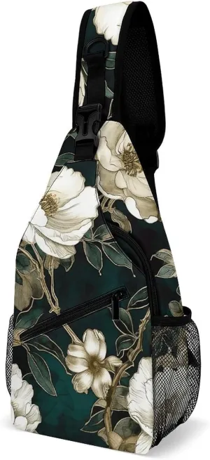 Sling Bags White Flowers Crossbody Bag for Women Men Cross Body Bag for Travel Hiking Shopping