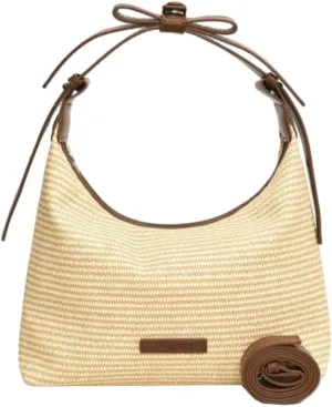 Slouchy Crescent Bag Straw Crossbody Bags for Women Hobo Handbags Trendy Straw Purse with Bow Summer Purse for Beach Vacation