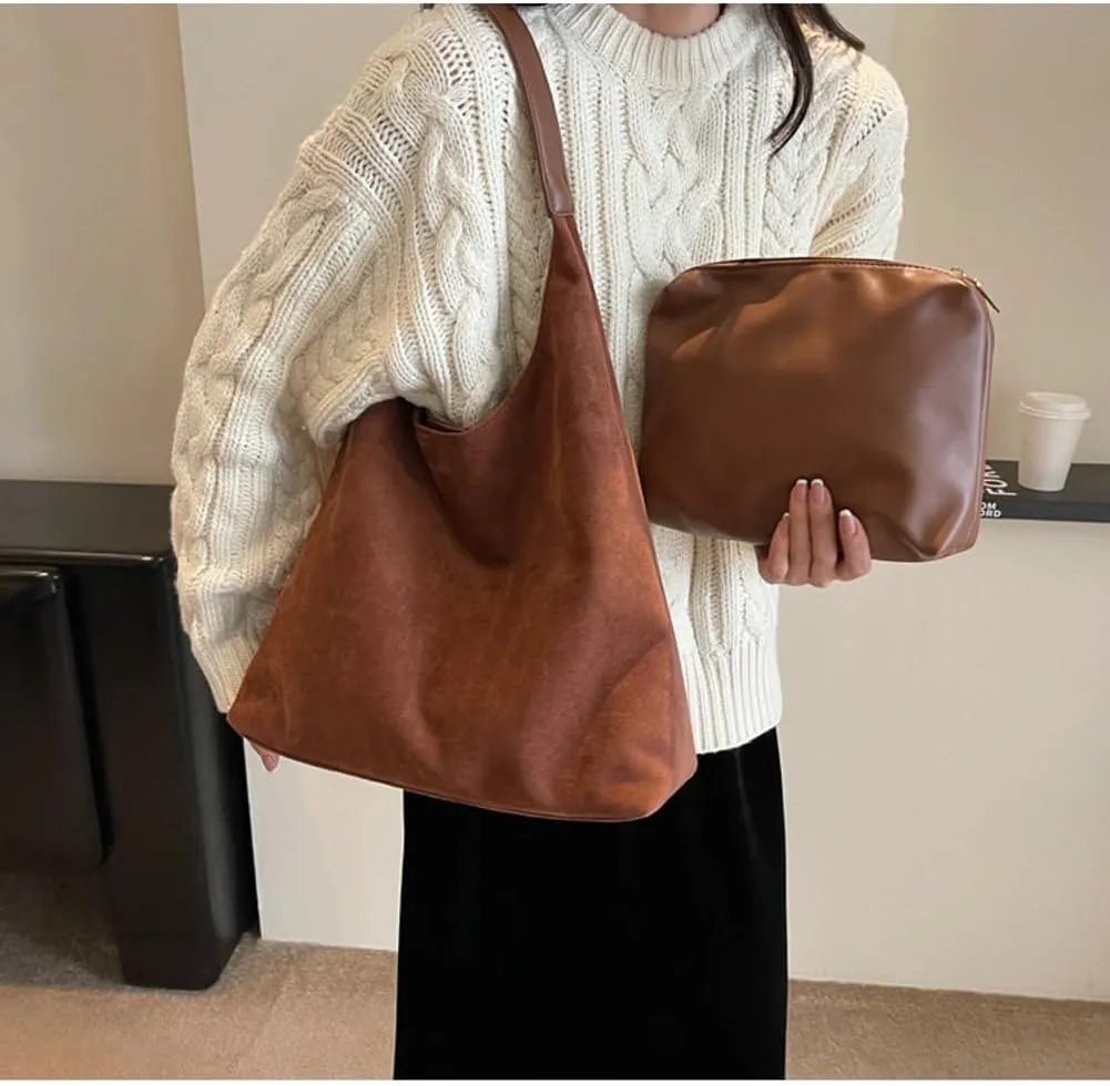 Slouchy Hobo Bags for Women Retro PU Leather Tote Crossbody Bag Soft Large Capacity 2pcs Shoulder Purses Handbags 2025