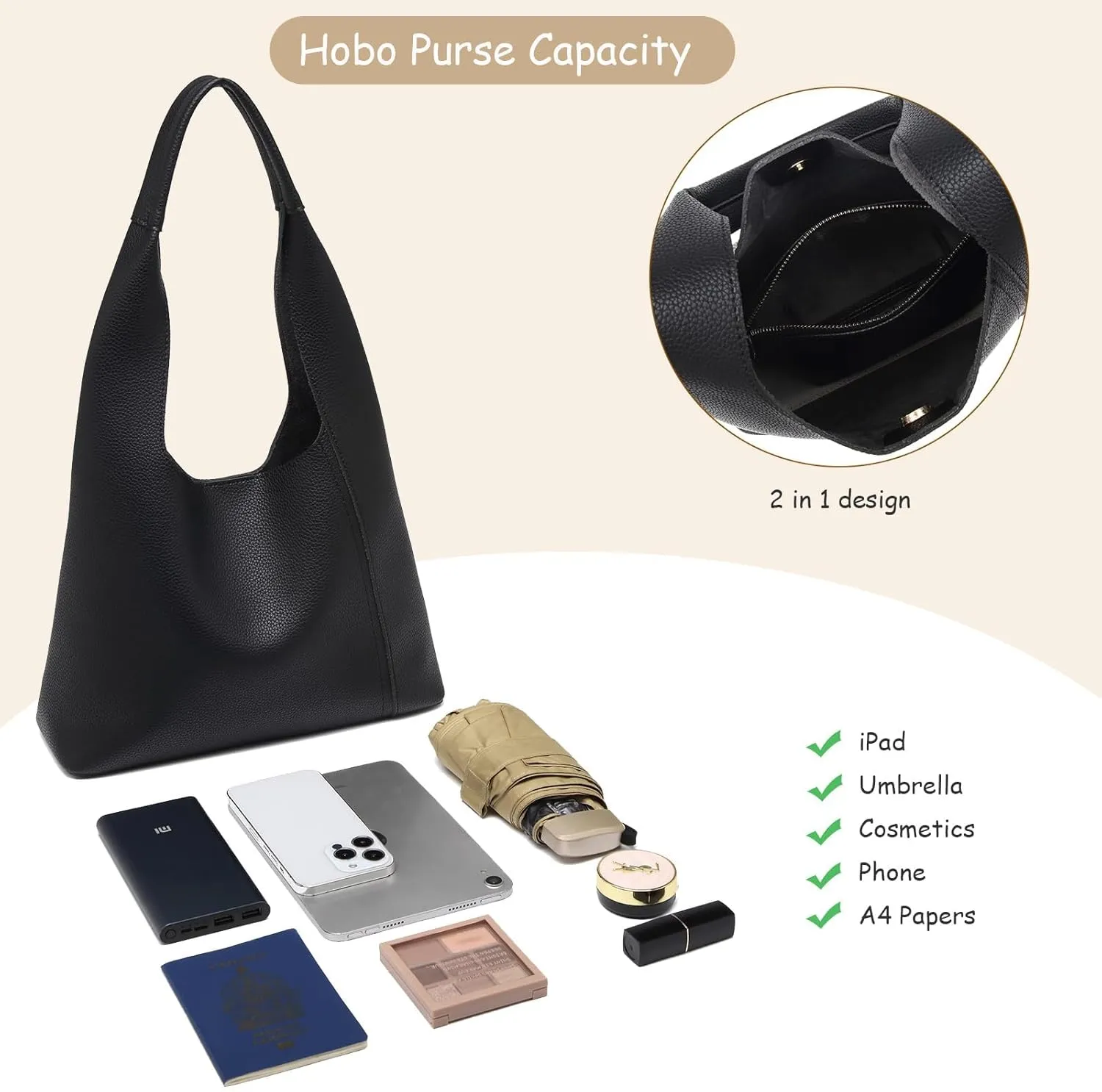Slouchy Hobo Bags for Women, Shoulder Handbag Purse 2pcs Soft Tote Work Bag PU Leather Top Handle Bag