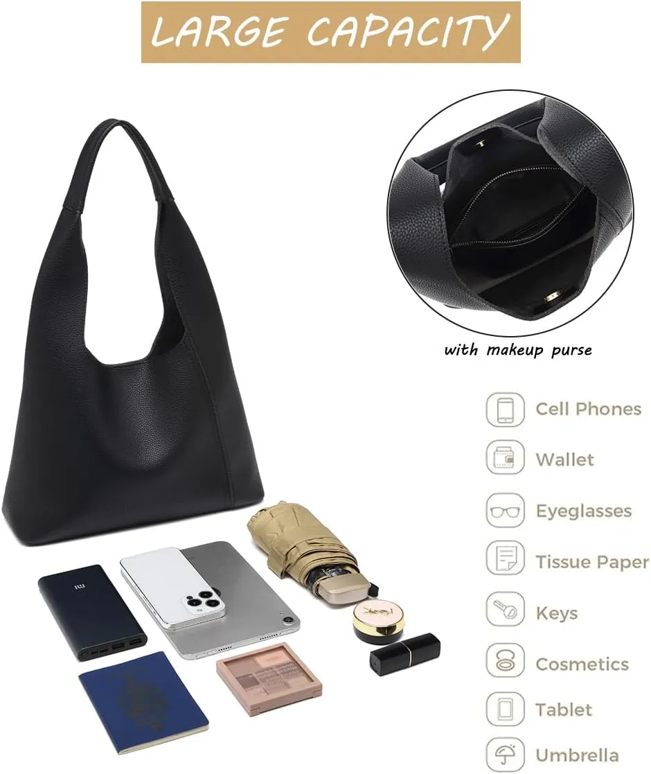 Slouchy Hobo Tote Bags for Women - Retro PU Leather Shoulder Handbag Purse Large Capacity 2pcs