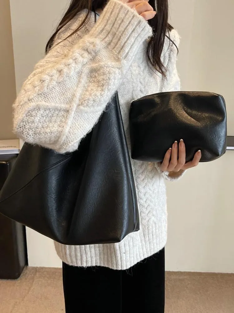 Slouchy Hobo Tote Bags for Women - Retro PU Leather Shoulder Purses - Large Capacity 2pcs Ladies Top Handle Handbag