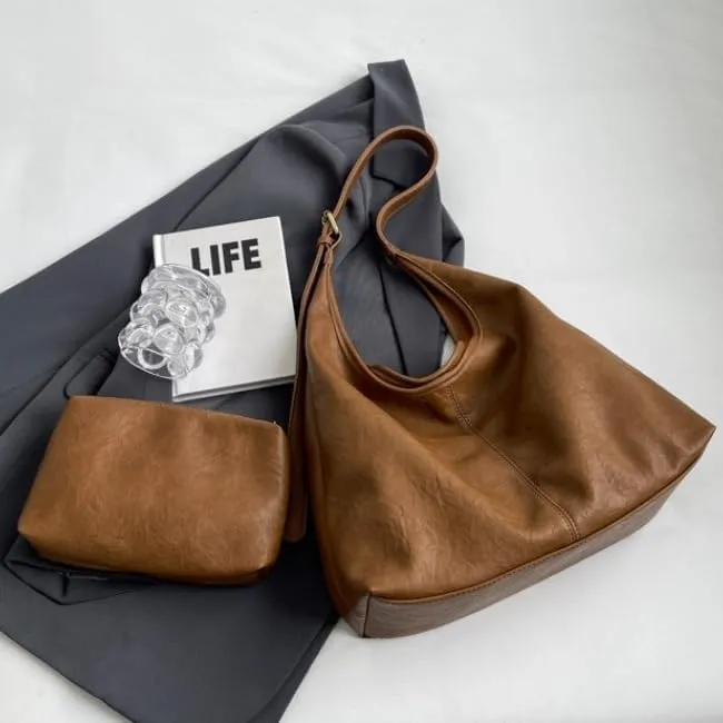 Slouchy Shoulder Bag Soft PU Underarm Slouchy Purse Half Moon Bag Women Handbag Trending Purses Hobo Bags (Brown)