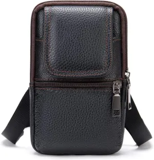Small Cell Phone Belt Clip Holster Mens, Outdoor Vertical Phone Waist Bag Leather, Unisex Vertical Men Cell Phone Belt Holster Case Belt Waist Bag Travel Messenger Pouch Shoulder Pack Wallet, Black