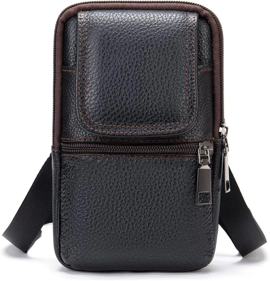 Small Cell Phone Belt Clip Holster Mens, Outdoor Vertical Phone Waist Bag Leather, Unisex Vertical Men Cell Phone Belt Holster Case Belt Waist Bag Travel Messenger Pouch Shoulder Pack Wallet, Black