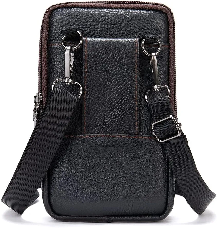 Small Cell Phone Belt Clip Holster Mens, Outdoor Vertical Phone Waist Bag Leather, Unisex Vertical Men Cell Phone Belt Holster Case Belt Waist Bag Travel Messenger Pouch Shoulder Pack Wallet, Black