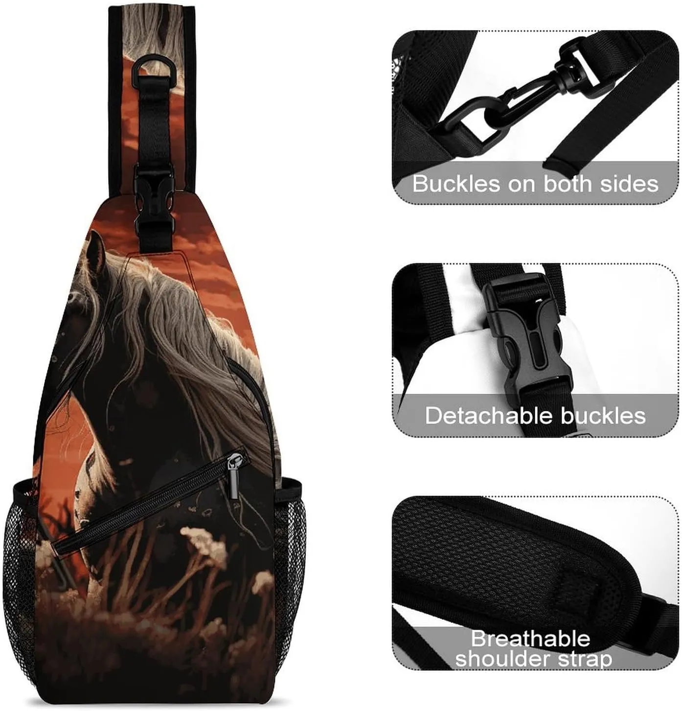 Small Crossbody Sling Backpack Romantic Mustang Chest Bags for Traveling Chest Fashion Shoulder Bag