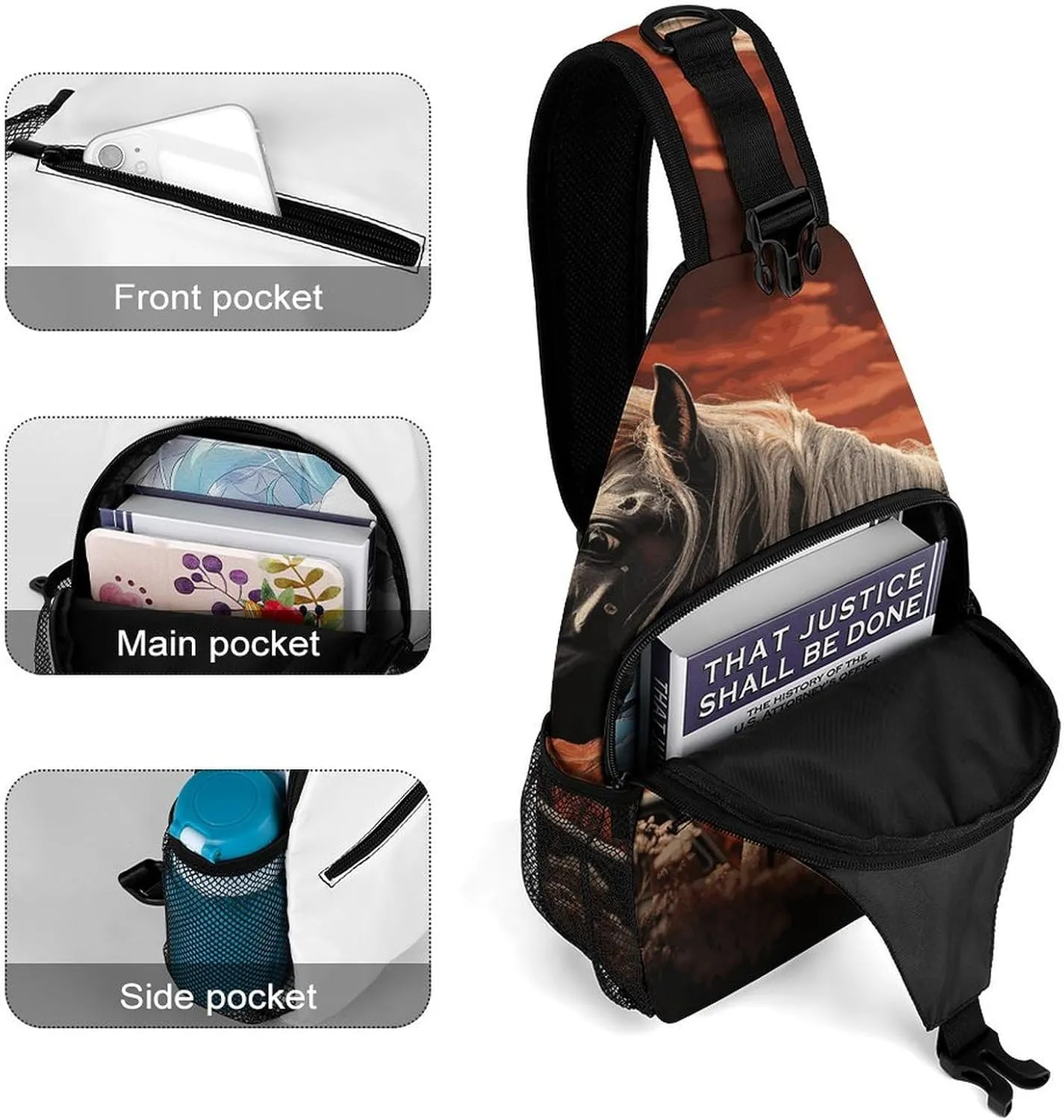 Small Crossbody Sling Backpack Romantic Mustang Chest Bags for Traveling Chest Fashion Shoulder Bag