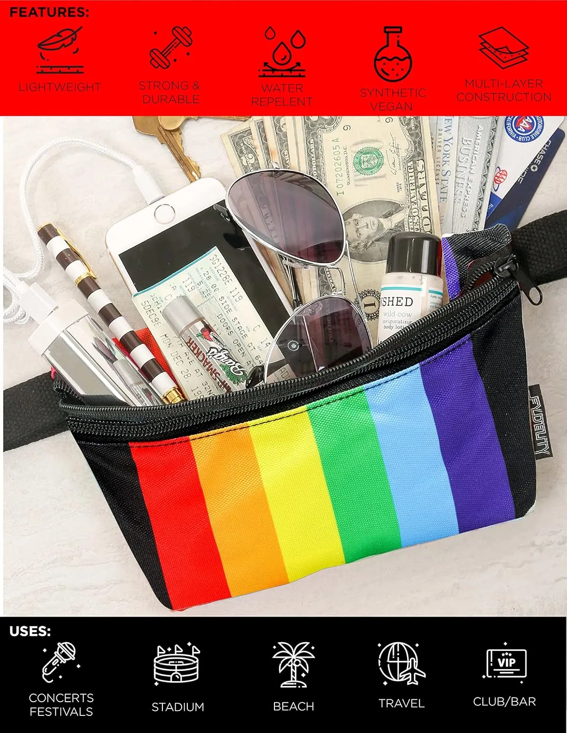 Small Fanny Pack 80s/90s Slim Bum Bag Unisex Crossbody Belt Bag for Travel, Festivals, & Daily Use Rainbow Stripe Black