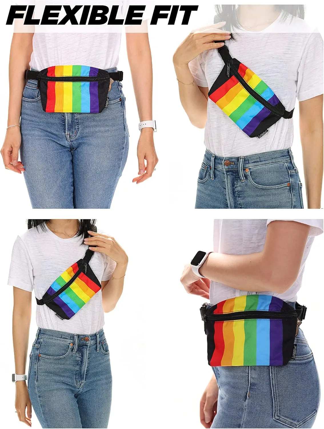 Small Fanny Pack 80s/90s Slim Bum Bag Unisex Crossbody Belt Bag for Travel, Festivals, & Daily Use Rainbow Stripe Black