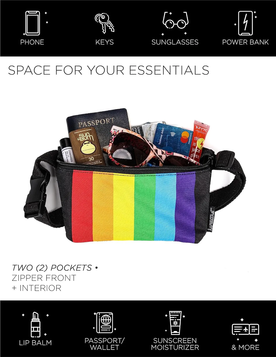 Small Fanny Pack 80s/90s Slim Bum Bag Unisex Crossbody Belt Bag for Travel, Festivals, & Daily Use Rainbow Stripe Black