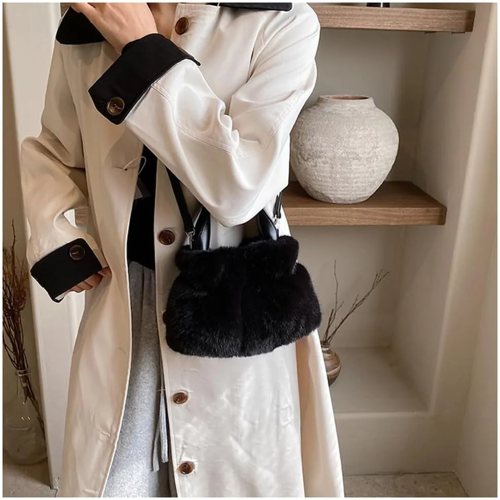 Small Fluffy Tote Bag with Strap Faux Fur Satchel Handbag and Purse Fuzzy Hobo Bucket Bag Top Handle Furry Purse