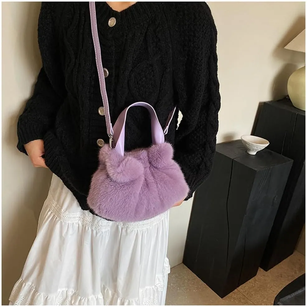 Small Fluffy Tote Bag with Strap Faux Fur Satchel Handbag and Purse Fuzzy Hobo Bucket Bag Top Handle Furry Purse
