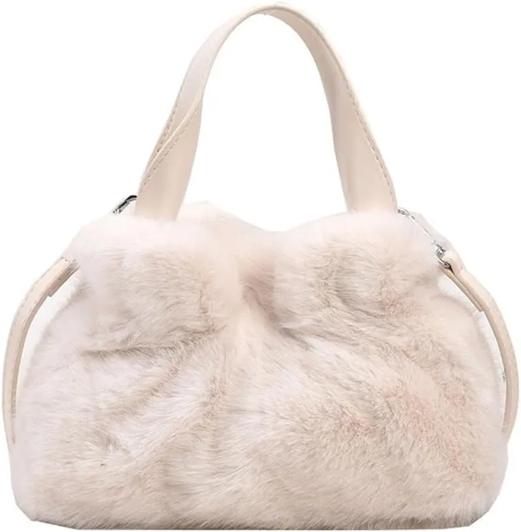 Small Fluffy Tote Bag with Strap Faux Fur Satchel Handbag and Purse Fuzzy Hobo Bucket Bag Top Handle Furry Purse