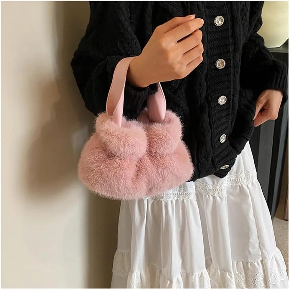 Small Fluffy Tote Bag with Strap Faux Fur Satchel Handbag and Purse Fuzzy Hobo Bucket Bag Top Handle Furry Purse
