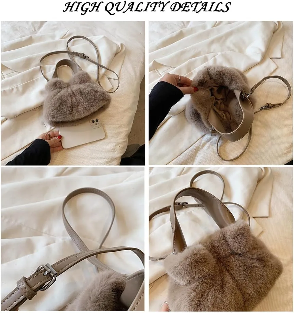 Small Fluffy Tote Bag with Strap Faux Fur Satchel Handbag and Purse Fuzzy Hobo Bucket Bag Top Handle Furry Purse