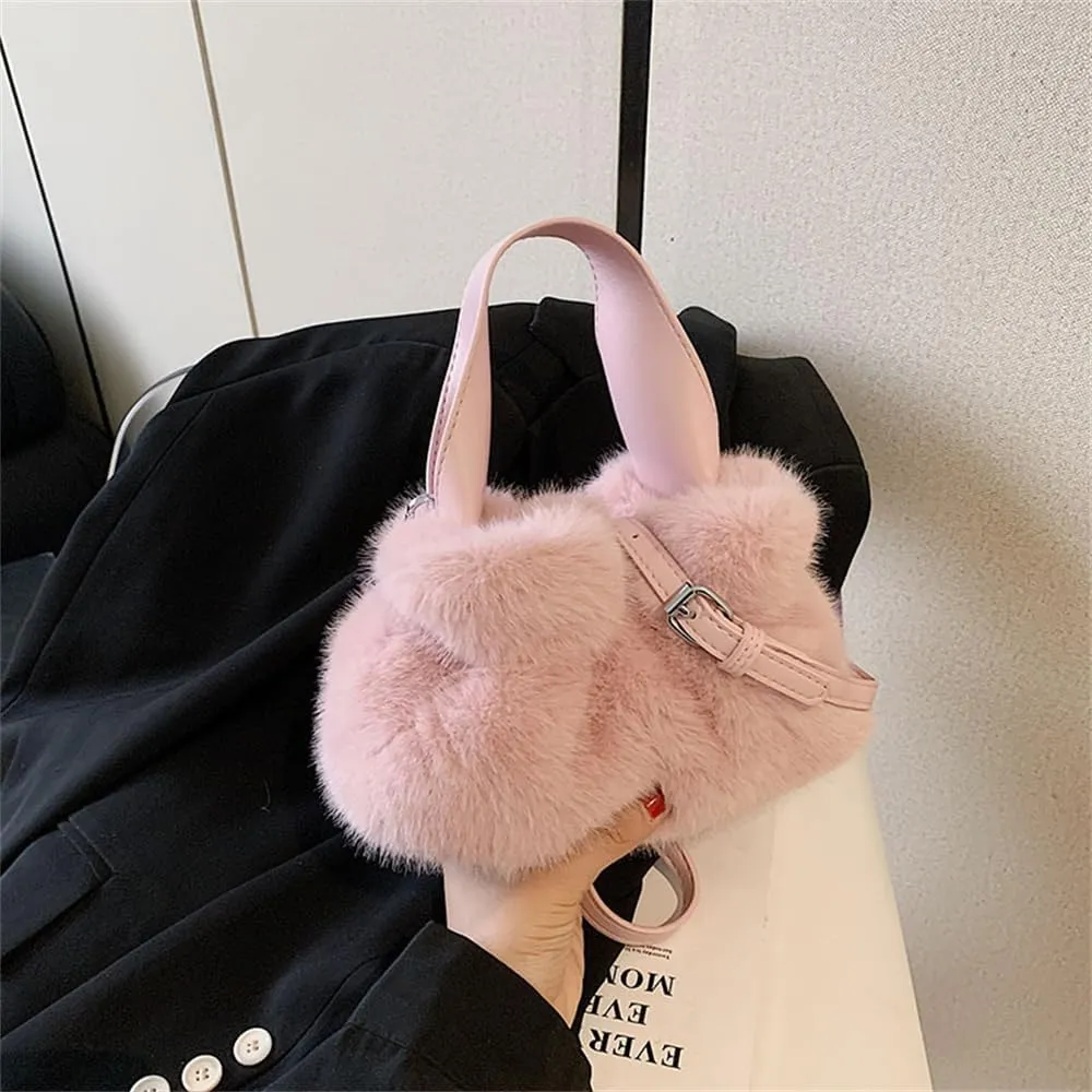 Small Fluffy Tote Bag with Strap Faux Fur Satchel Handbag and Purse Fuzzy Hobo Bucket Bag Top Handle Furry Purse