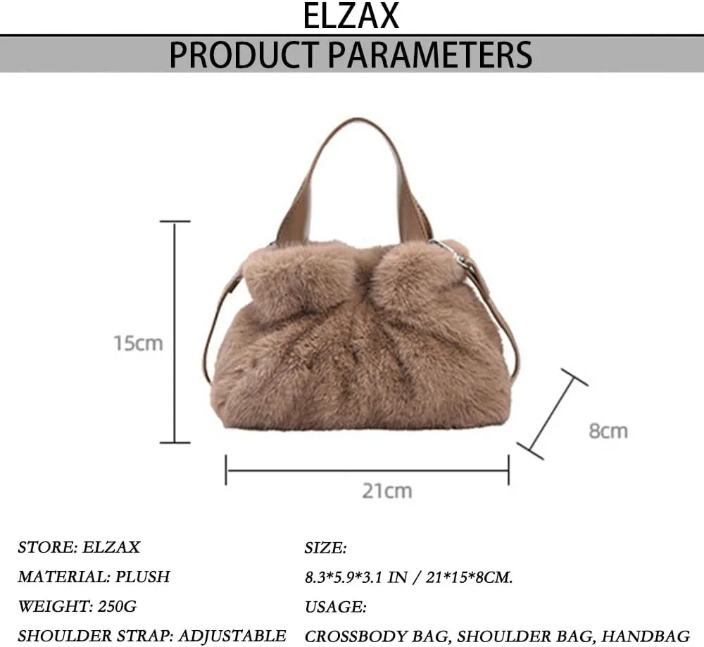 Small Fluffy Tote Bag with Strap Faux Fur Satchel Handbag and Purse Fuzzy Hobo Bucket Bag Top Handle Furry Purse