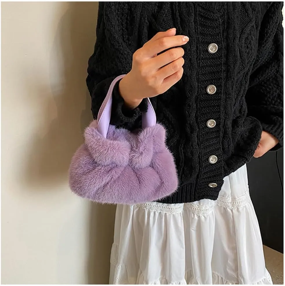 Small Fluffy Tote Bag with Strap Faux Fur Satchel Handbag and Purse Fuzzy Hobo Bucket Bag Top Handle Furry Purse