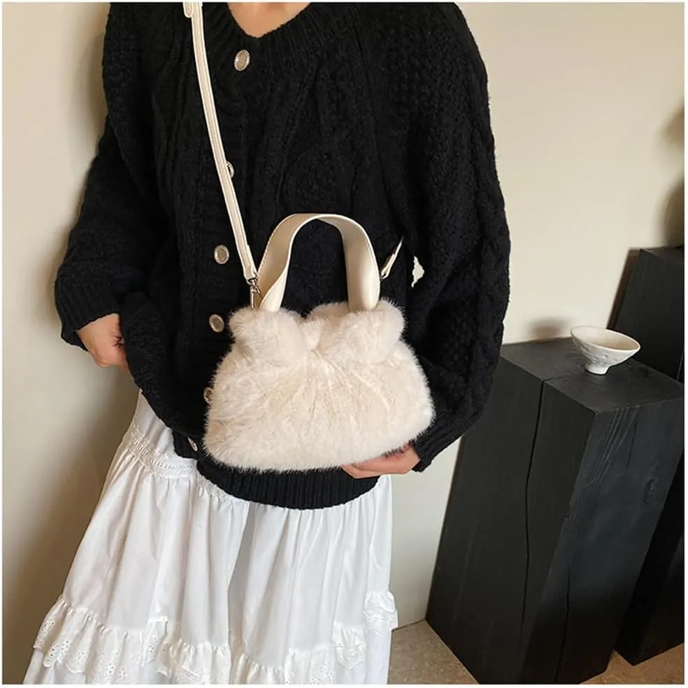 Small Fluffy Tote Bag with Strap Faux Fur Satchel Handbag and Purse Fuzzy Hobo Bucket Bag Top Handle Furry Purse