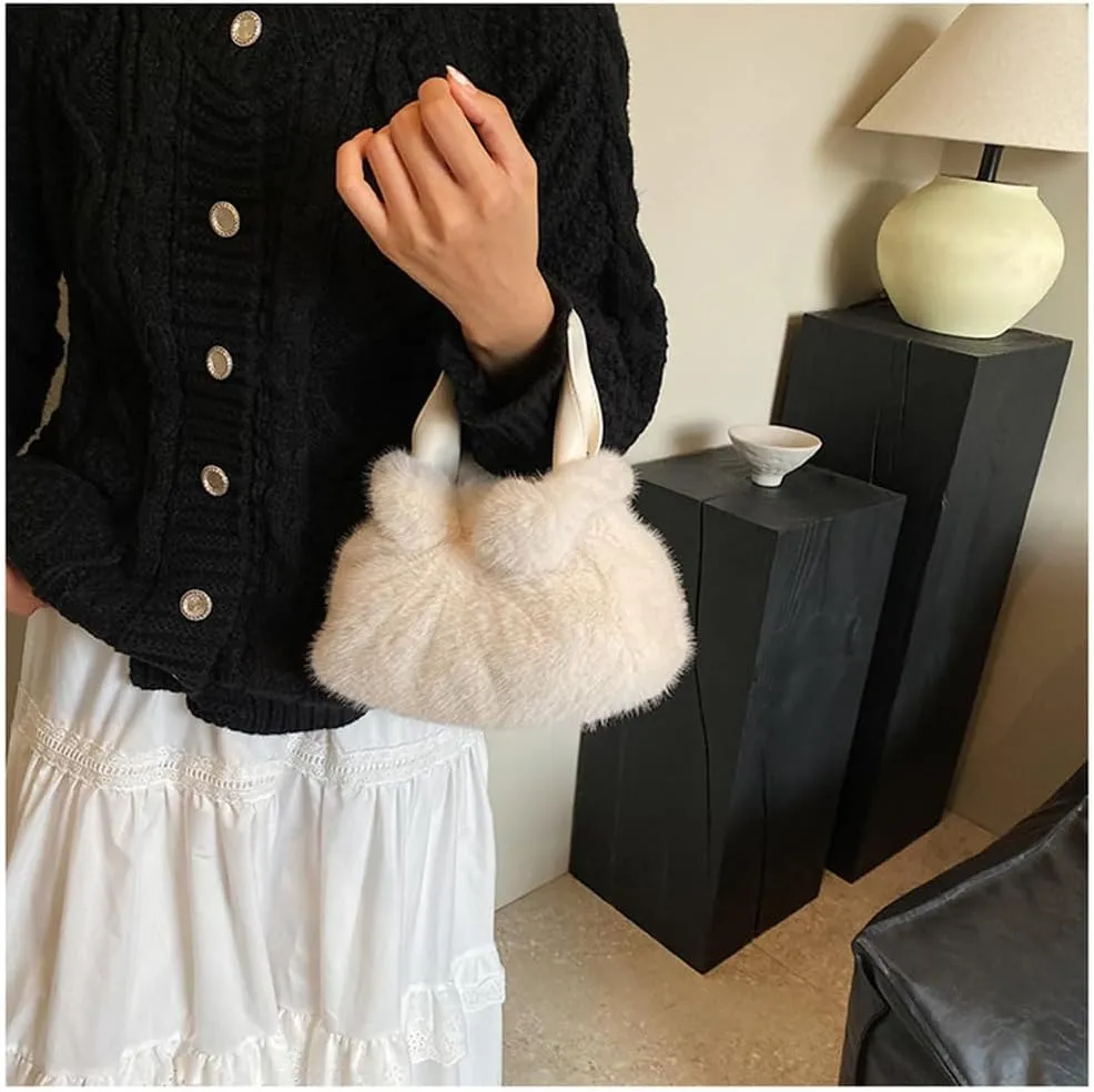 Small Fluffy Tote Bag with Strap Faux Fur Satchel Handbag and Purse Fuzzy Hobo Bucket Bag Top Handle Furry Purse