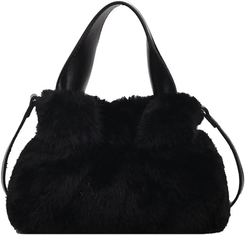 Small Fluffy Tote Bag with Strap Faux Fur Satchel Handbag and Purse Fuzzy Hobo Bucket Bag Top Handle Furry Purse