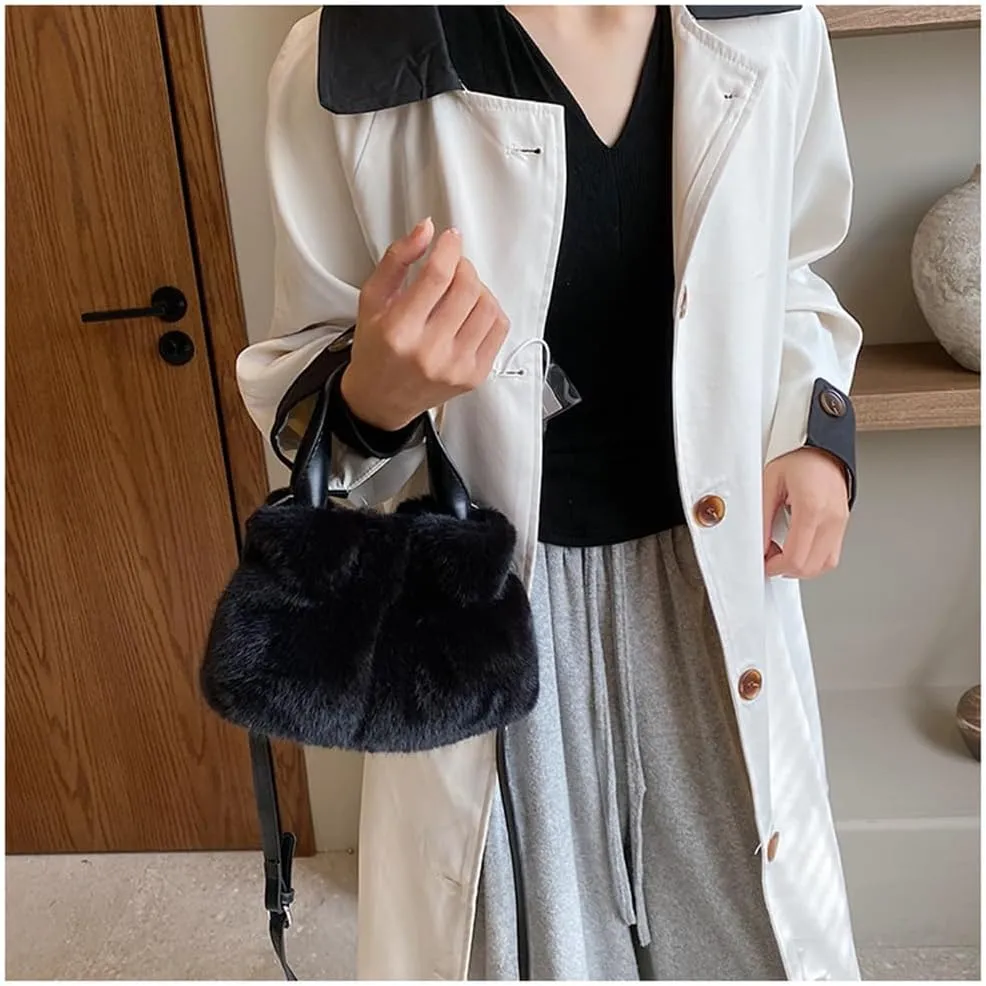 Small Fluffy Tote Bag with Strap Faux Fur Satchel Handbag and Purse Fuzzy Hobo Bucket Bag Top Handle Furry Purse