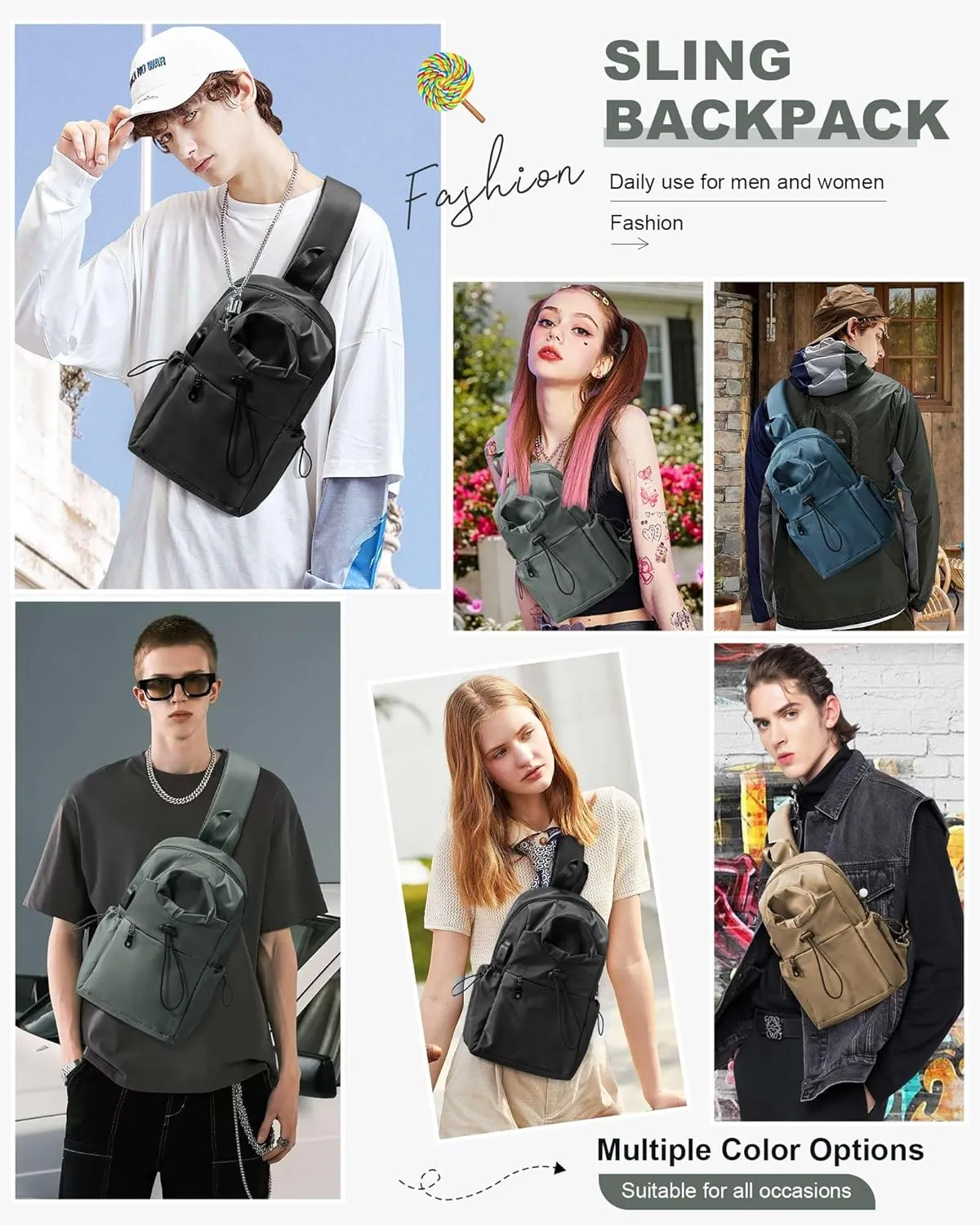 Small Green Sling Crossbody Backpack Shoulder Bag for Men Women - Mini One Strap Sling Bag Fanny Pack Daypack, Waterproof Nylon Chest Bag for Motorcycle Hiking Travel Gym Sport
