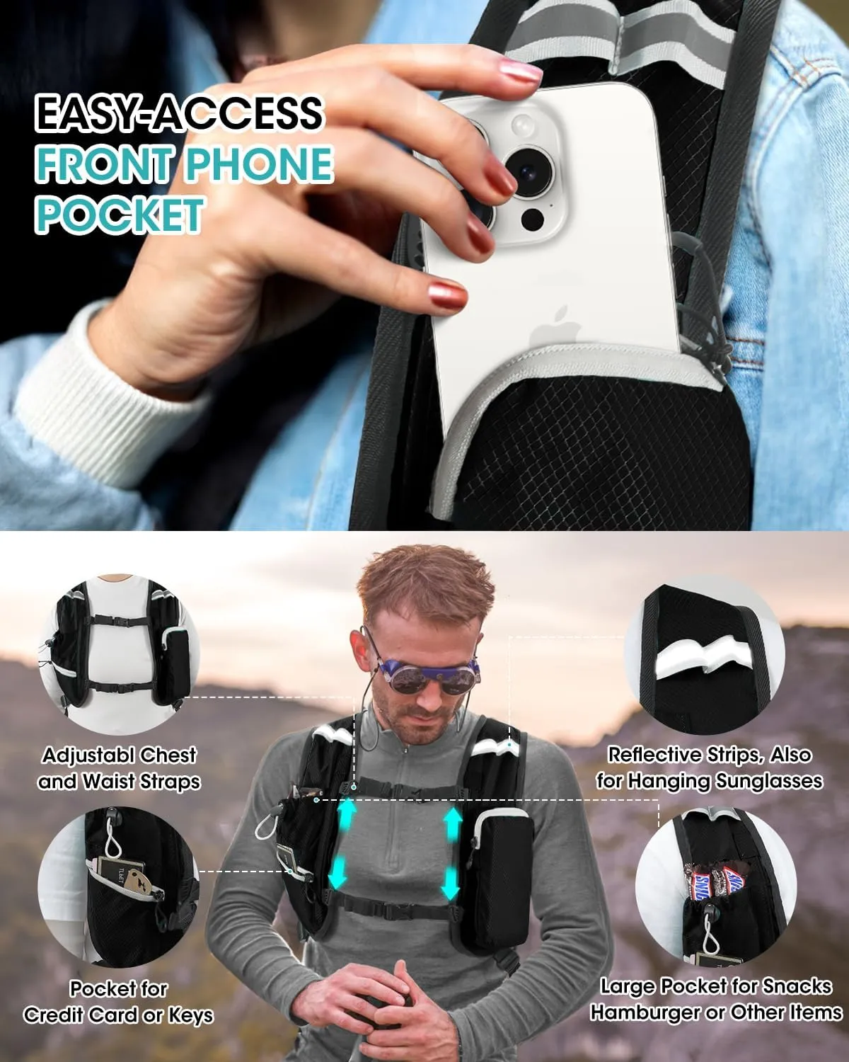 Small Hiking Backpack with Front Phone Holder, Packable Back pack with Chest and Waist Strap, Lightweight Daypack for Women Men