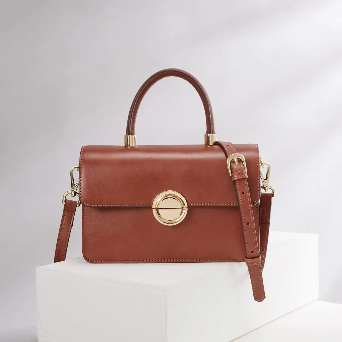 Small Leather Top-Handle Satchel Handbag with Square Crossbody Strap for Women
