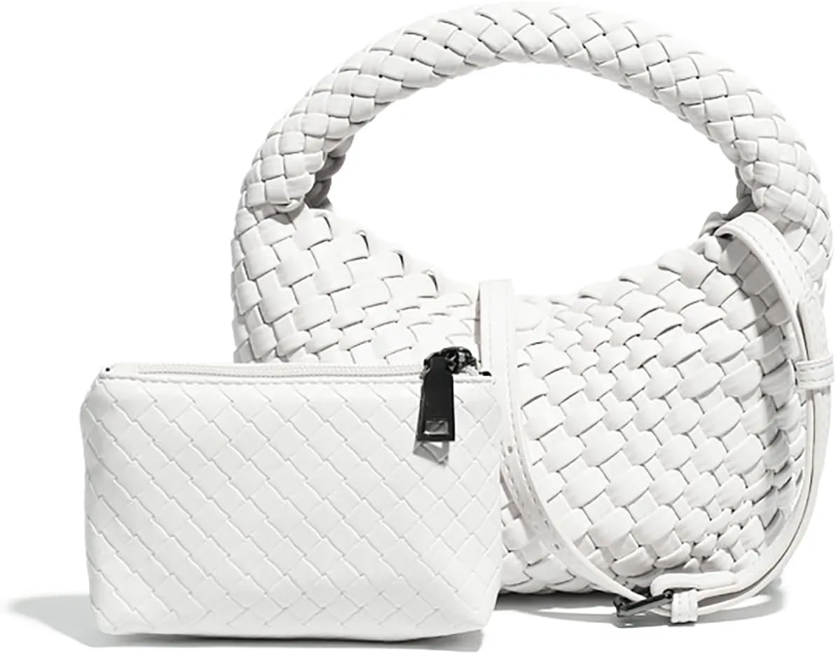 Small Size Woven Women's Handbag and Small Money Bag Luxury Lightweight Vegan Leather Adjustable Crossbody Bag Set