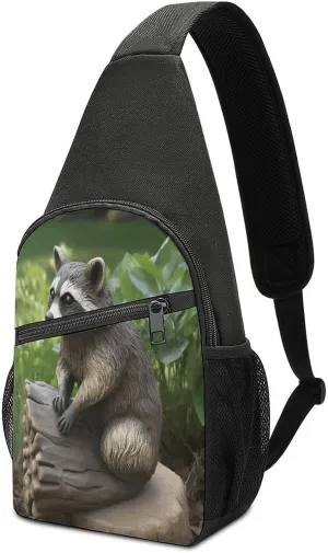 Small Sling Backpack Crossbody Bag,Raccoon Statue Print Chest Bag,Travel Hiking Chest Bag Daypack for Women Men