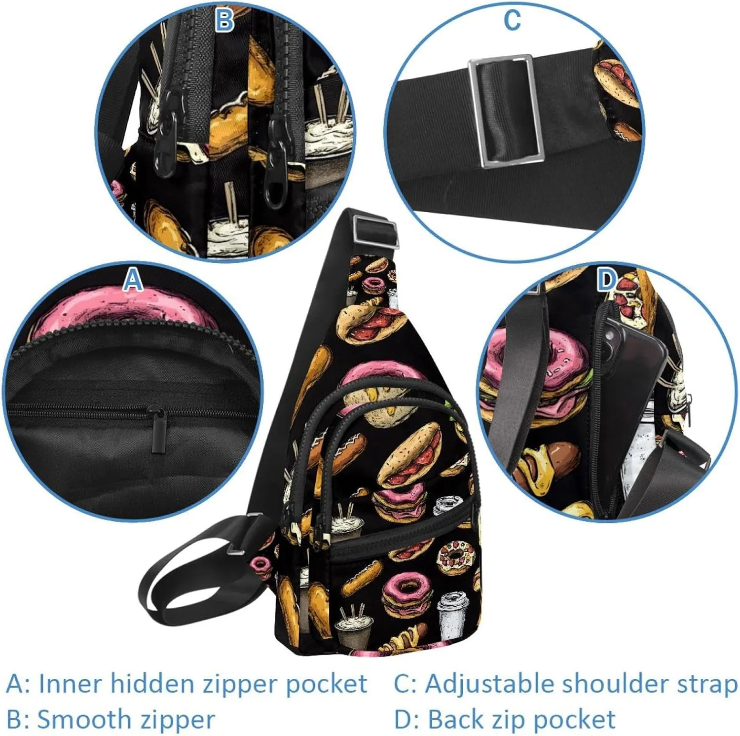 Small Sling Backpack Crossbody Sling Bag, Chest Bag Daypack, tasty fast food (1)