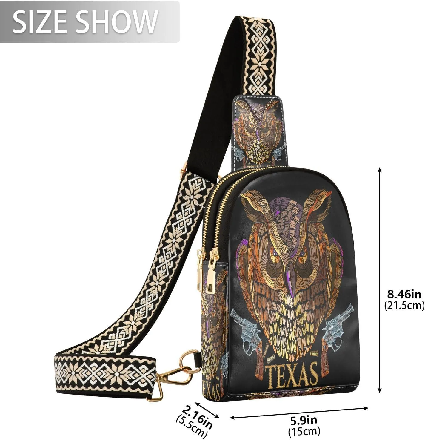Small Sling Bag for Women Crossbody Embroidery Owl Sheriff Fashion Leather Crossbody Bag for Women Guns Pattern Trendy Crossbody Purse Fanny Pack with Adjustable Guitar Strap Outfit