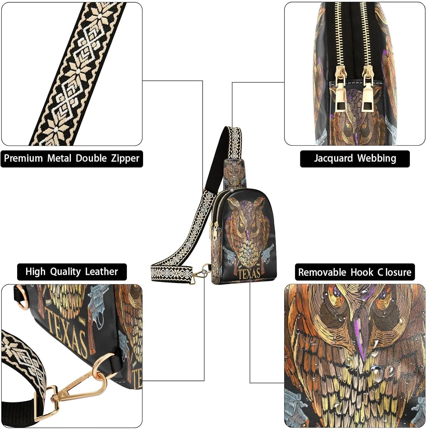 Small Sling Bag for Women Crossbody Embroidery Owl Sheriff Fashion Leather Crossbody Bag for Women Guns Pattern Trendy Crossbody Purse Fanny Pack with Adjustable Guitar Strap Outfit
