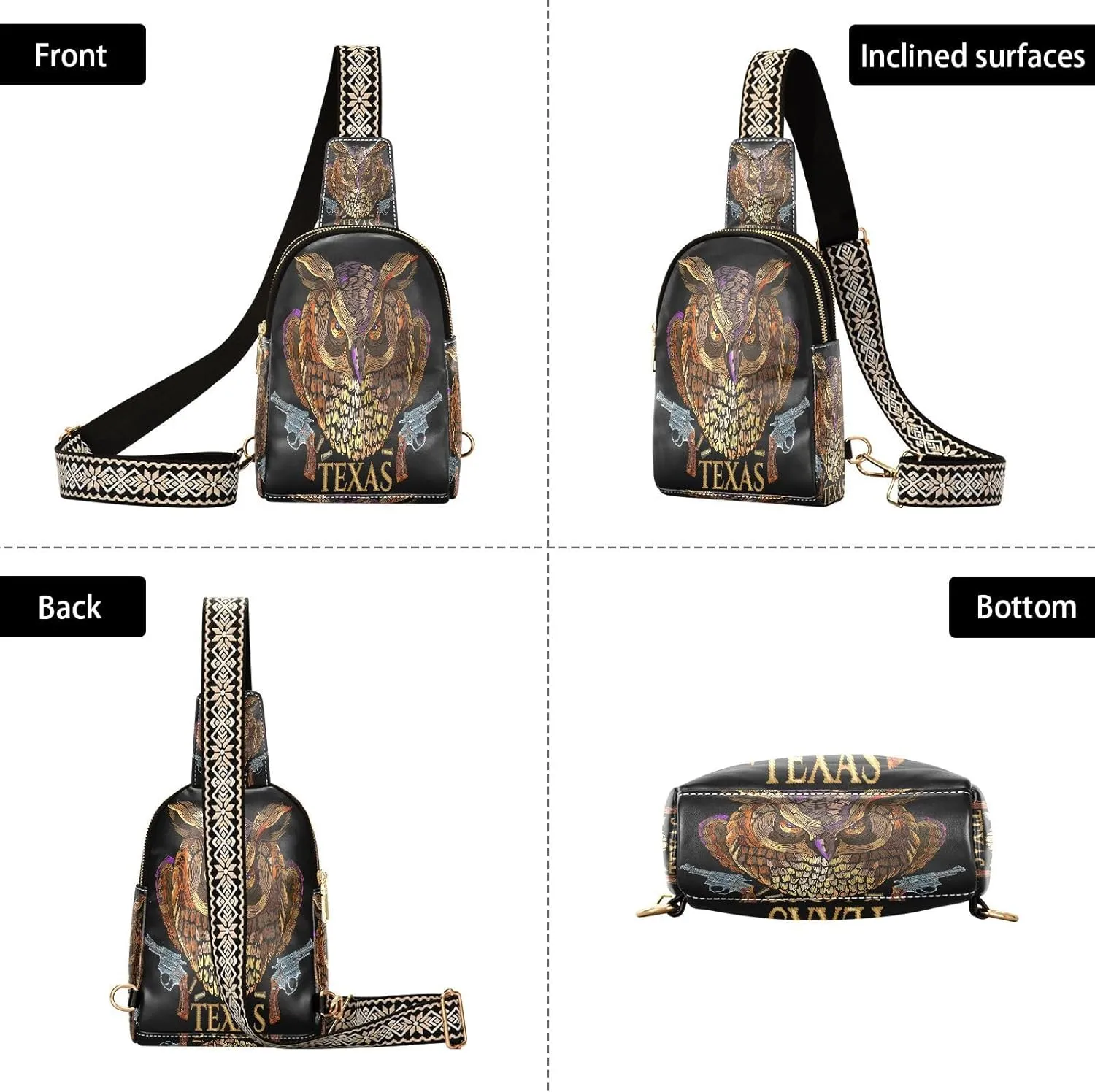 Small Sling Bag for Women Crossbody Embroidery Owl Sheriff Fashion Leather Crossbody Bag for Women Guns Pattern Trendy Crossbody Purse Fanny Pack with Adjustable Guitar Strap Outfit
