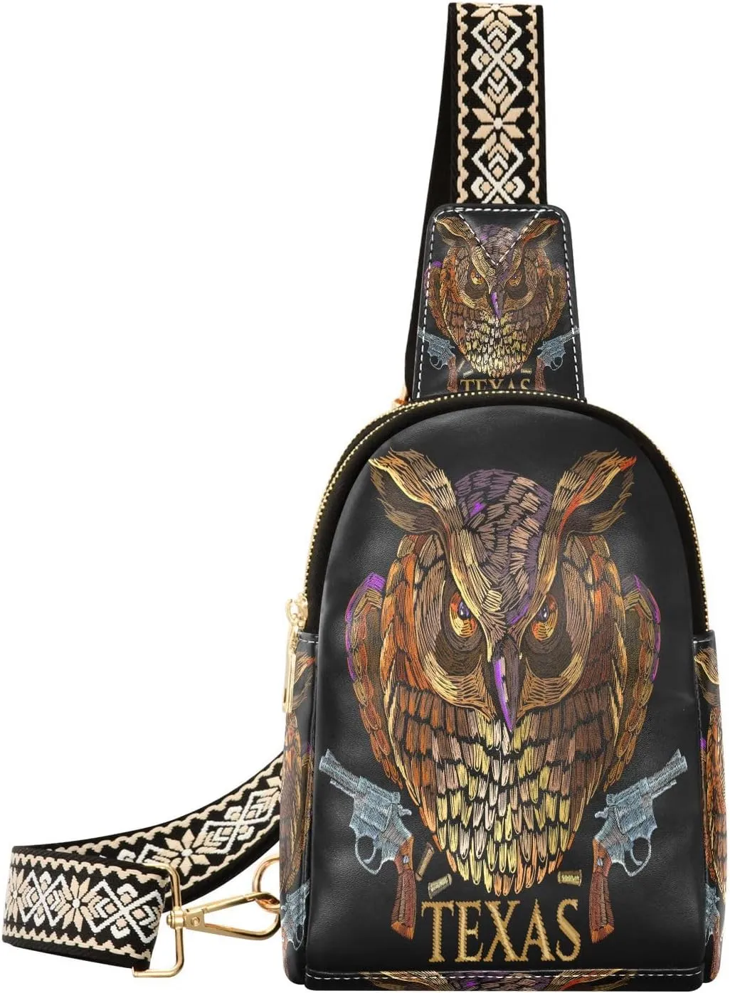 Small Sling Bag for Women Crossbody Embroidery Owl Sheriff Fashion Leather Crossbody Bag for Women Guns Pattern Trendy Crossbody Purse Fanny Pack with Adjustable Guitar Strap Outfit