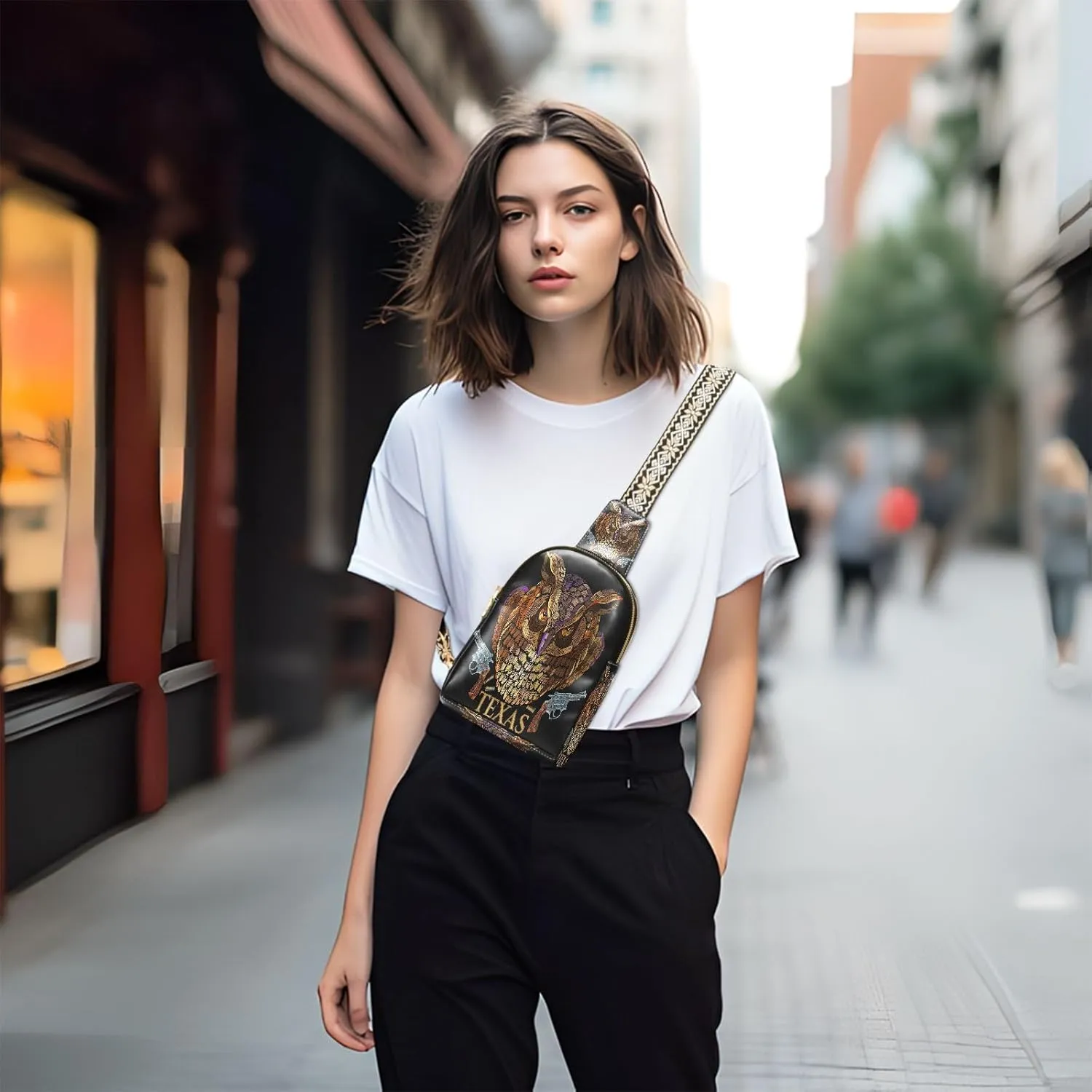 Small Sling Bag for Women Crossbody Embroidery Owl Sheriff Fashion Leather Crossbody Bag for Women Guns Pattern Trendy Crossbody Purse Fanny Pack with Adjustable Guitar Strap Outfit