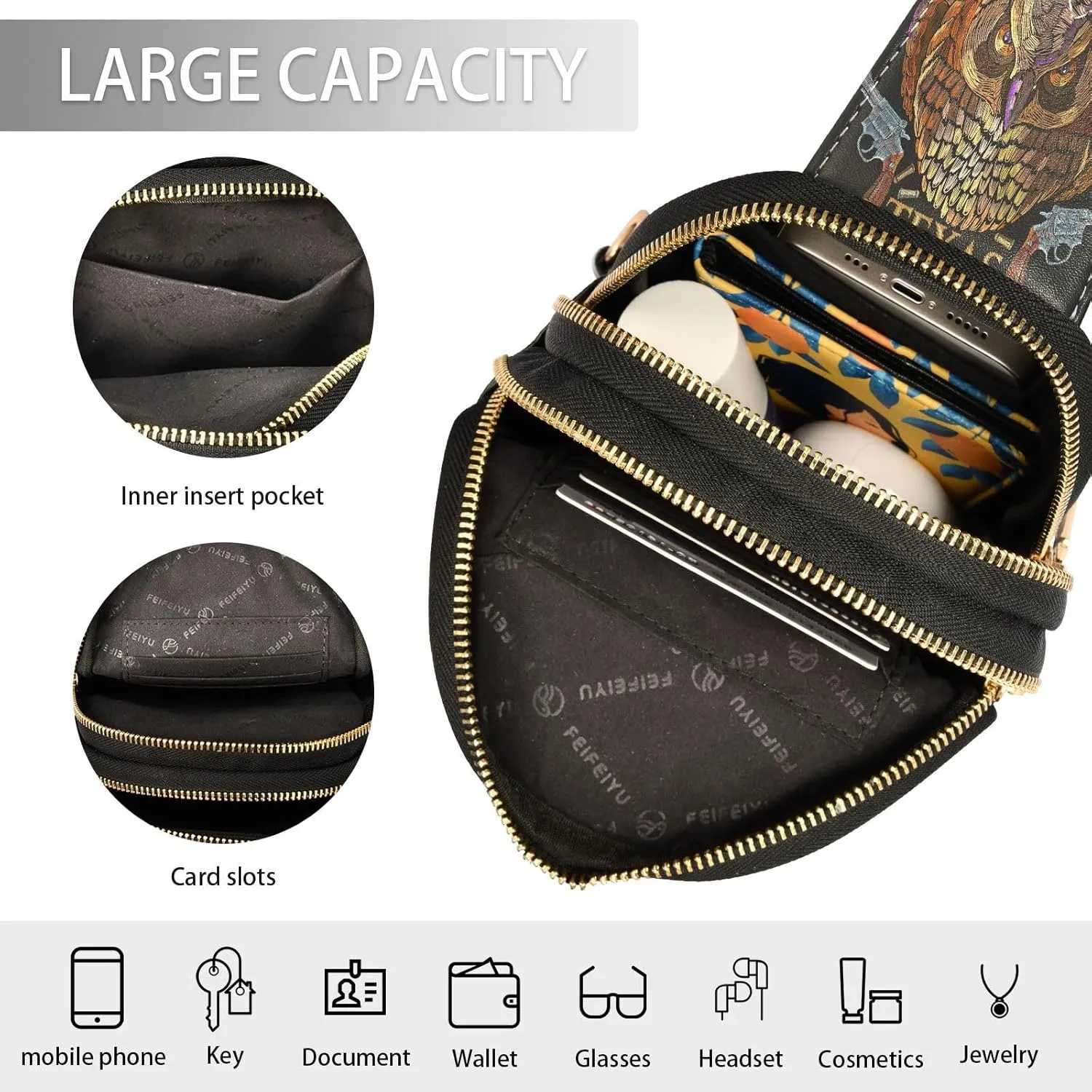 Small Sling Bag for Women Crossbody Embroidery Owl Sheriff Fashion Leather Crossbody Bag for Women Guns Pattern Trendy Crossbody Purse Fanny Pack with Adjustable Guitar Strap Outfit