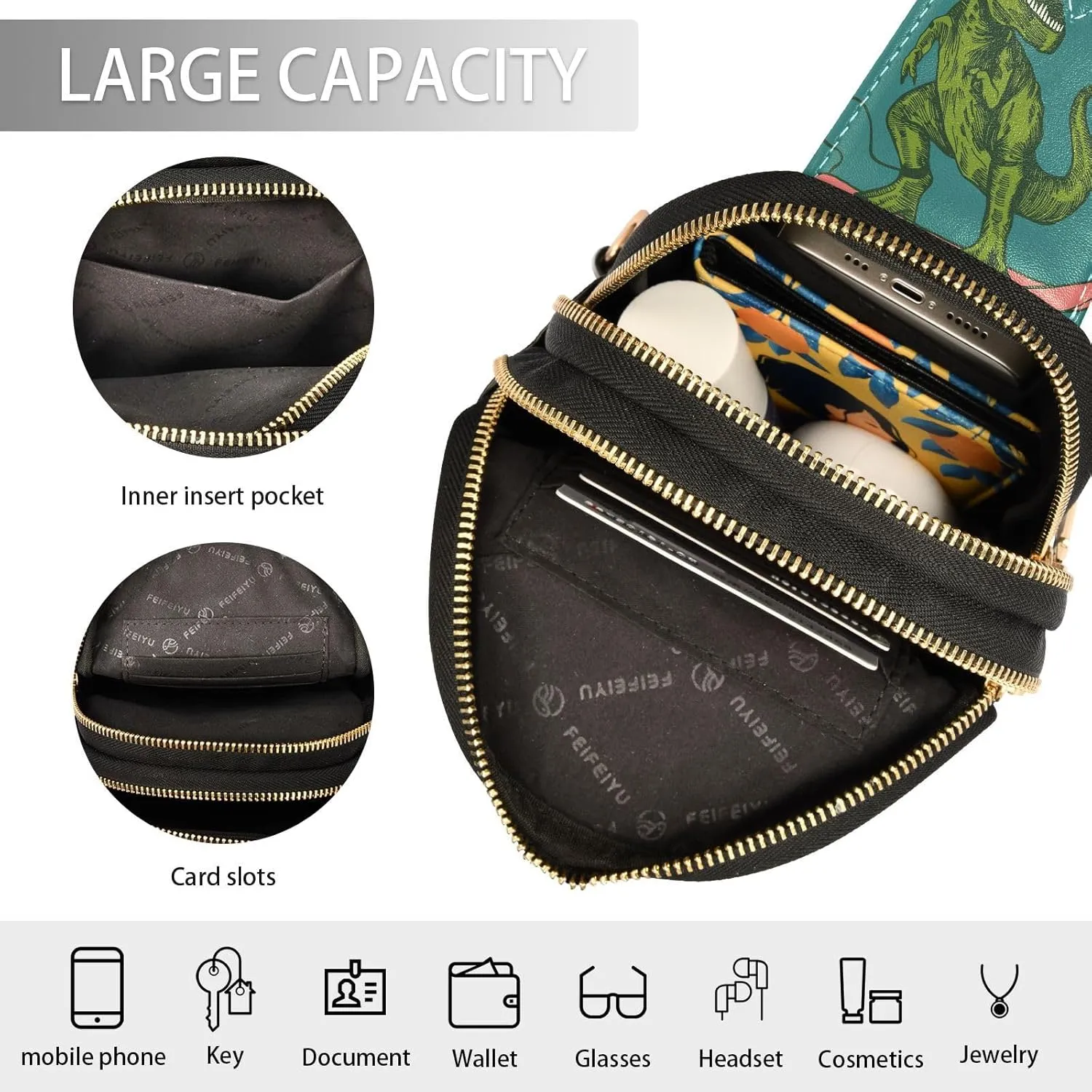 Small Sling Bag for Women Crossbody Happy Dinosaur Surfer Trendy Crossbody Bag Fanny Pack with Guitar Strap Sunglasses Skateboard Leather Chest Bag for Women Travel Outdoor Outfit