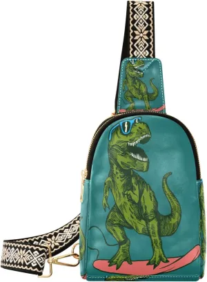 Small Sling Bag for Women Crossbody Happy Dinosaur Surfer Trendy Crossbody Bag Fanny Pack with Guitar Strap Sunglasses Skateboard Leather Chest Bag for Women Travel Outdoor Outfit
