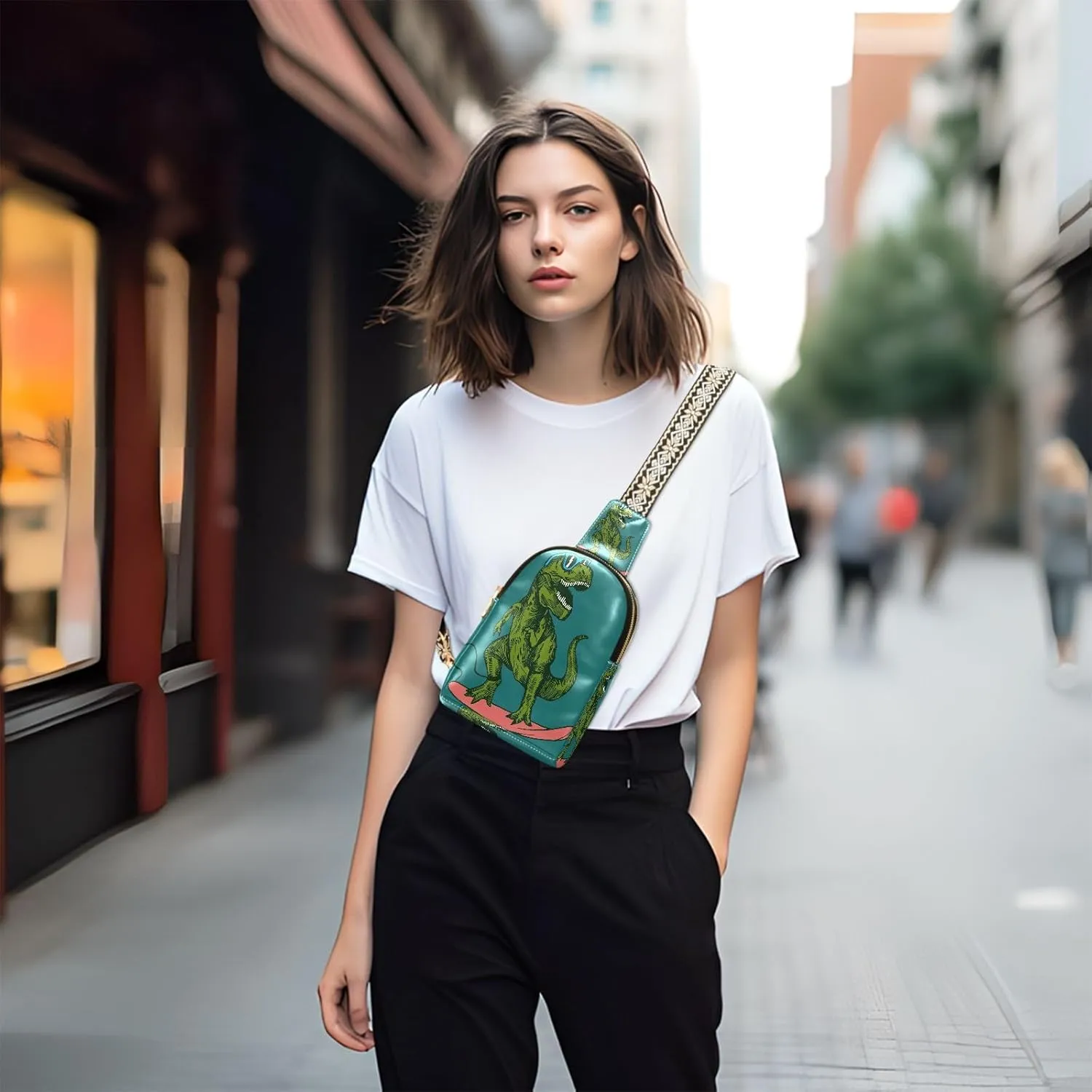 Small Sling Bag for Women Crossbody Happy Dinosaur Surfer Trendy Crossbody Bag Fanny Pack with Guitar Strap Sunglasses Skateboard Leather Chest Bag for Women Travel Outdoor Outfit