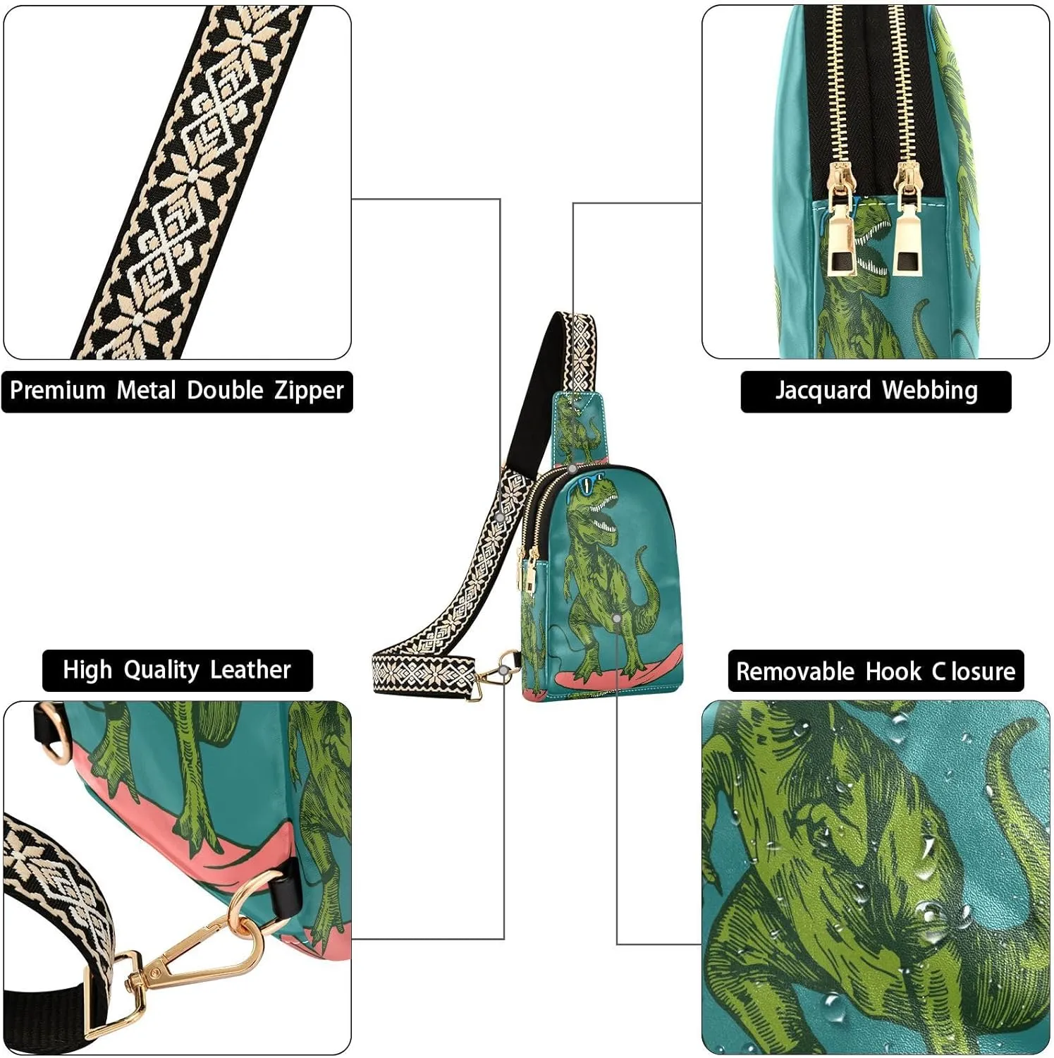 Small Sling Bag for Women Crossbody Happy Dinosaur Surfer Trendy Crossbody Bag Fanny Pack with Guitar Strap Sunglasses Skateboard Leather Chest Bag for Women Travel Outdoor Outfit