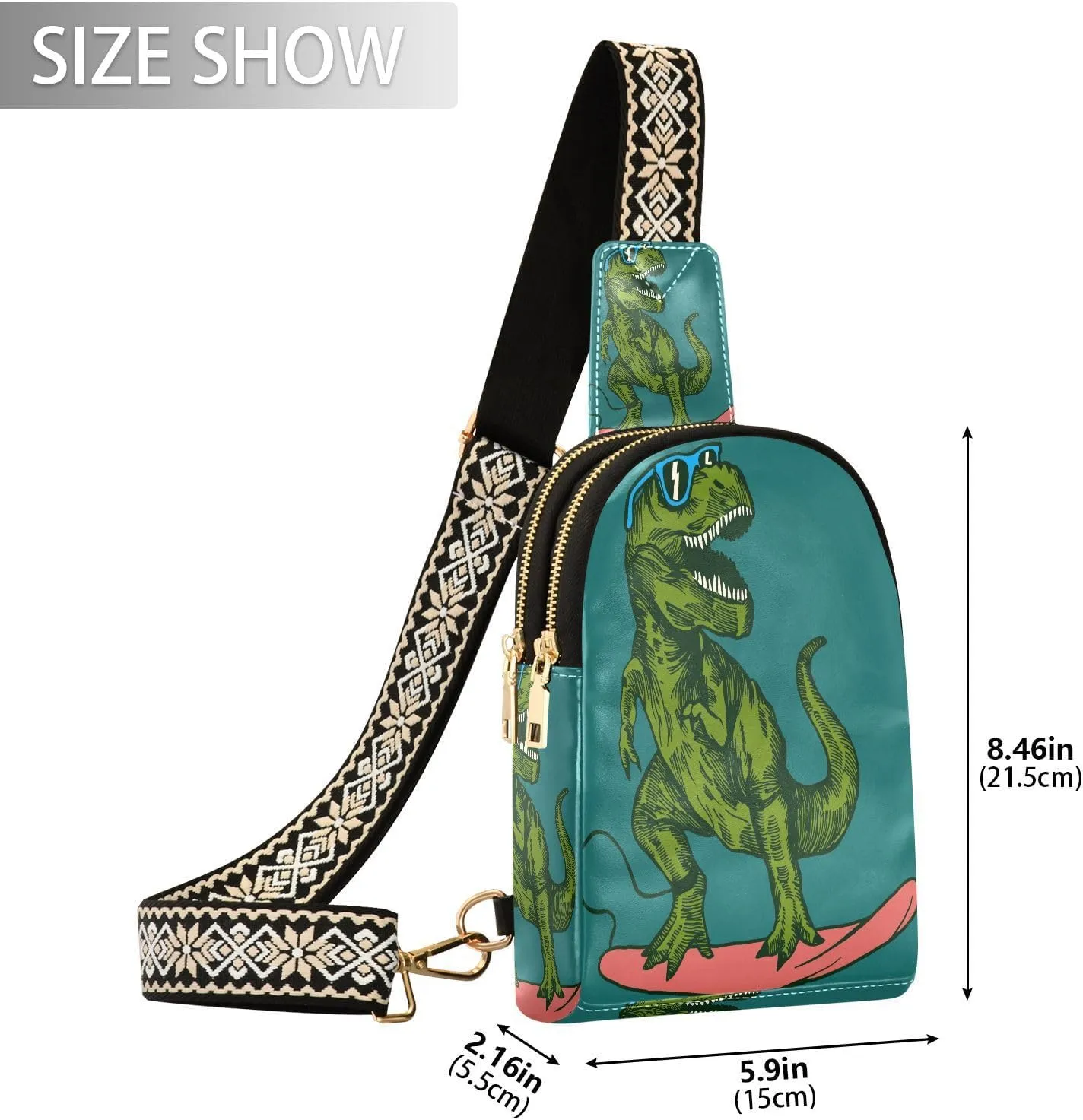 Small Sling Bag for Women Crossbody Happy Dinosaur Surfer Trendy Crossbody Bag Fanny Pack with Guitar Strap Sunglasses Skateboard Leather Chest Bag for Women Travel Outdoor Outfit